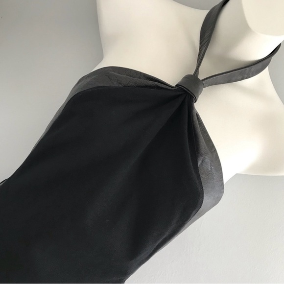 BEBE | Genuine Leather Knot Halter Black Sheath Dress - Picture 8 of 11